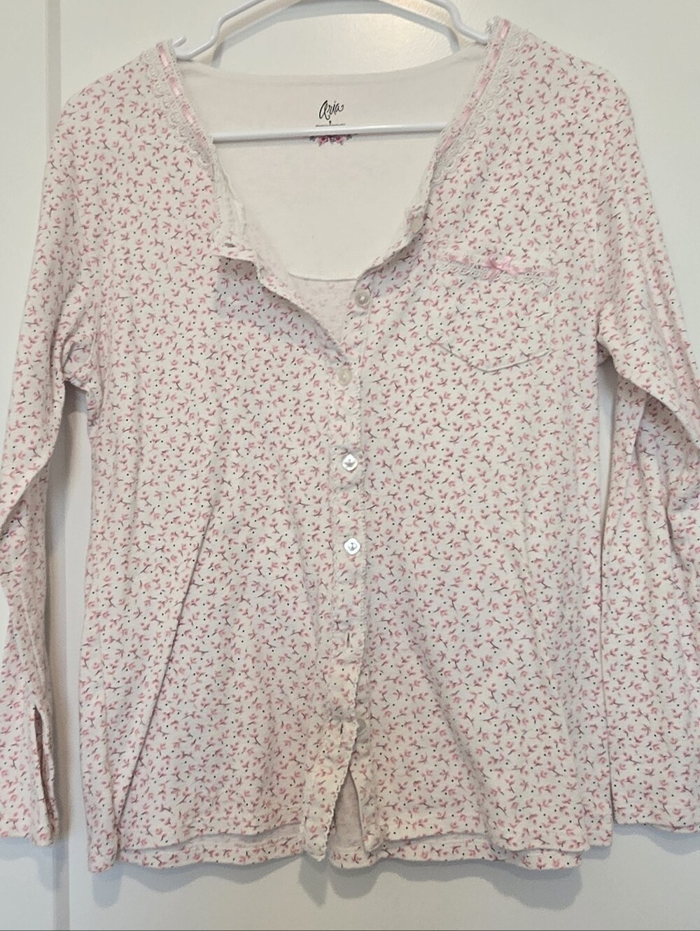 Aria Cozy Ditsy Floral Button-Up Sleep Shirt White And Pink Cottagecore Prairie